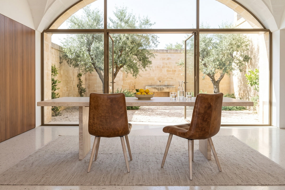 Two Compiano dining chairs in distressed brown leather seen from behind at a travertine table in a Lecce courtyard house