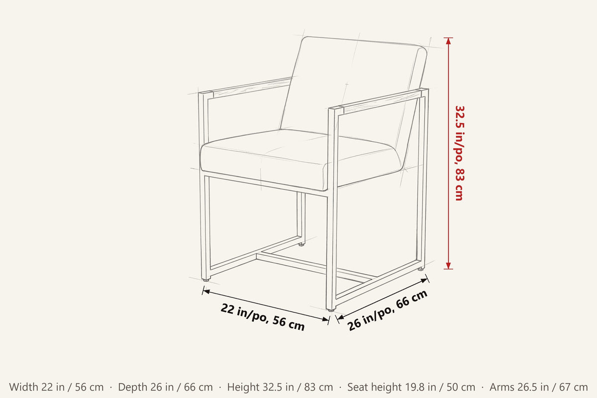 Coreglia dimensions on a pencil sketch of the armchair: 32.5 in high, 22 in wide, 26 in deep, seat height 19.8