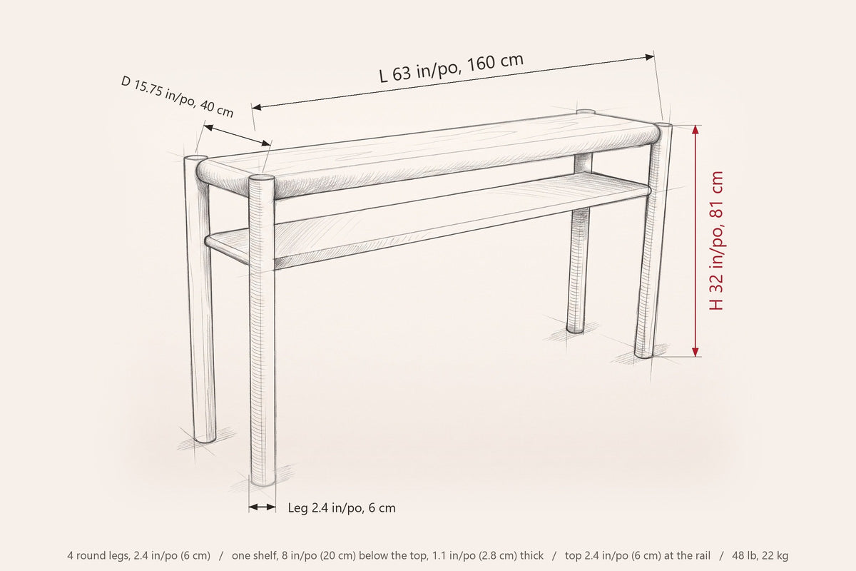 Corniglia console dimensions: 63 in long, 15.75 in deep, 32 in high, shelf 8 in below the top, legs 2.4 in across