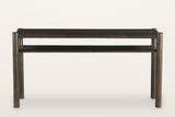 Corniglia console table in mocha from the front: four round legs, a round rail around the top and one long shelf
