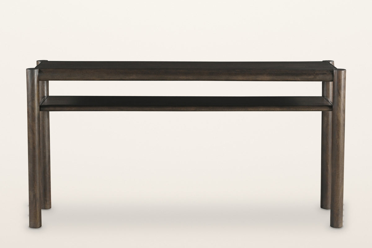 Corniglia console table in mocha from the front: four round legs, a round rail around the top and one long shelf