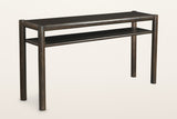 Corniglia mango wood console table in mocha, three-quarter view on a warm white studio backdrop