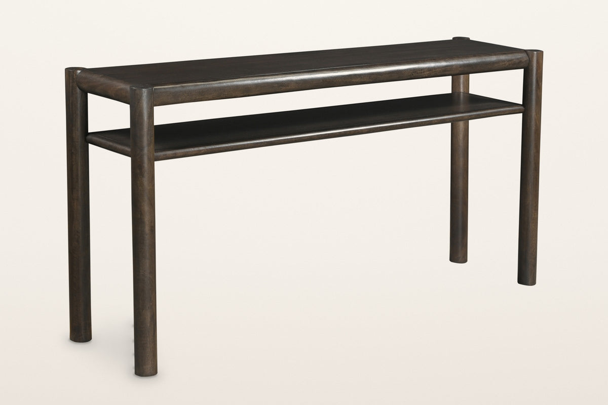 Corniglia mango wood console table in mocha, three-quarter view on a warm white studio backdrop
