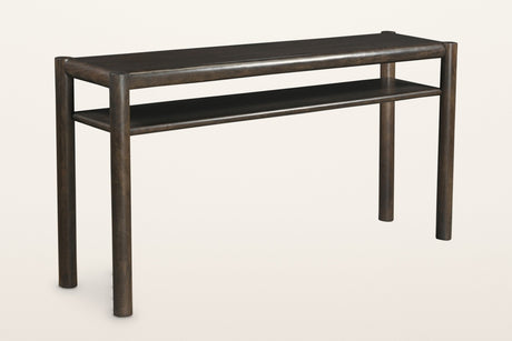 Corniglia mango wood console table in mocha, three-quarter view on a warm white studio backdrop