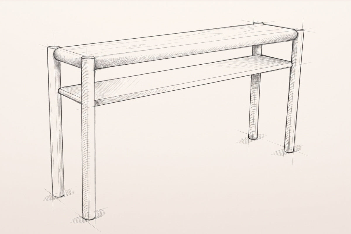 Pencil sketch of the Corniglia console table, three-quarter view
