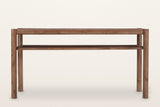 Corniglia console table in walnut from the front: four round legs, a round rail around the top and one long shelf