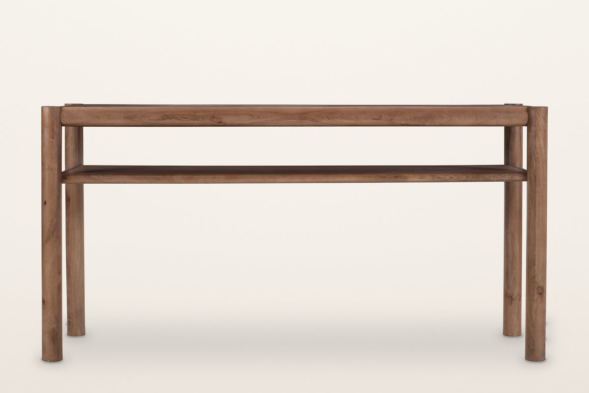 Corniglia console table in walnut from the front: four round legs, a round rail around the top and one long shelf