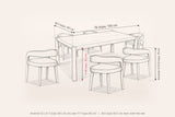 Corniglia dining set dimensions drawn on the pencil sketch: table 76 in long, 42.1 in wide, 30 in high; armchair 27.6 in high, 22 in wide