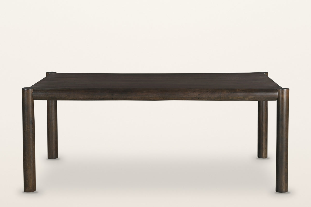Corniglia dining table in mocha, long side: four round legs and a round rail frame around the top