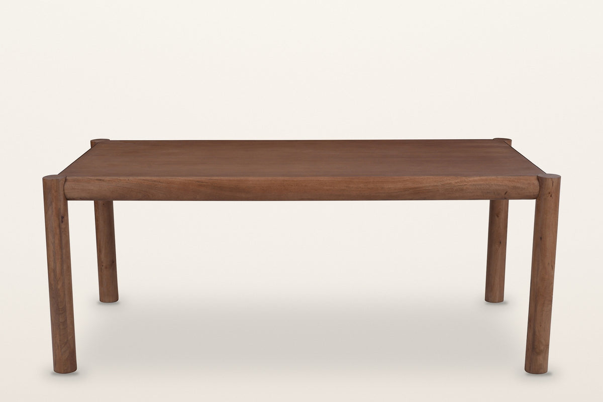 Corniglia dining table in walnut, long side: four round legs and a round rail frame around the top