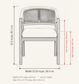 Cortina dining chair dimensions: 22.25 in wide, 24.75 in deep, 33.5 in high, arm height 25.5 in, seat height 19 in