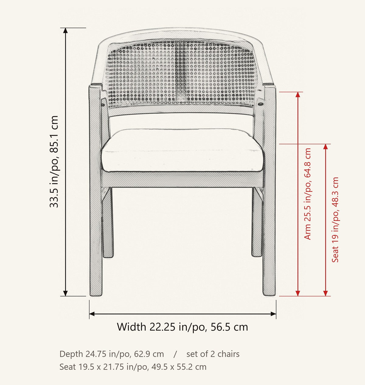 Cortina dining chair dimensions: 22.25 in wide, 24.75 in deep, 33.5 in high, arm height 25.5 in, seat height 19 in