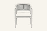 Pencil drawing of the Cortina cane-back dining armchair, front view