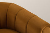 Close-up of a channelled velvet arm and its rolled front edge in caramel