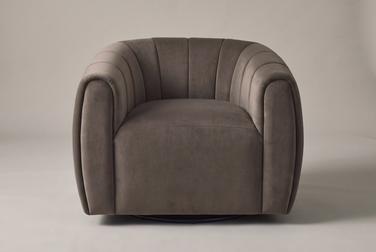 Cuneo swivel chair in dark brown velvet, straight front view on a studio backdrop