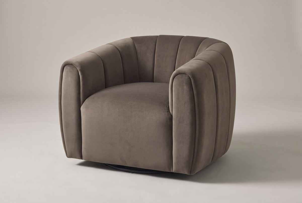 Cuneo channel-tufted velvet swivel chair in dark brown, three-quarter view on a warm grey studio backdrop