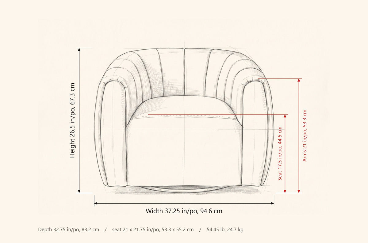 Cuneo swivel chair dimensions: 37.25 in wide, 32.75 in deep, 26.5 in high, seat 17.5 in high, arms 21 in high