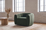 Cuneo swivel chair in olive green velvet in a Montreal loft with whitewashed brick, steel windows and a travertine side table