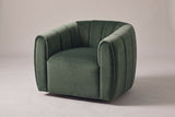 Cuneo channel-tufted velvet swivel chair in olive green, three-quarter view on a warm grey studio backdrop