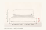 Cupello bed dimensions: King 87.3 in wide, Queen 71.5 in wide, 23.8 in high, rails 9.5 in, 86.8 in long