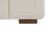 Close-up of a Cupramontana foot in Beige: a small square brown wood foot under the arm and the woven fabric above it