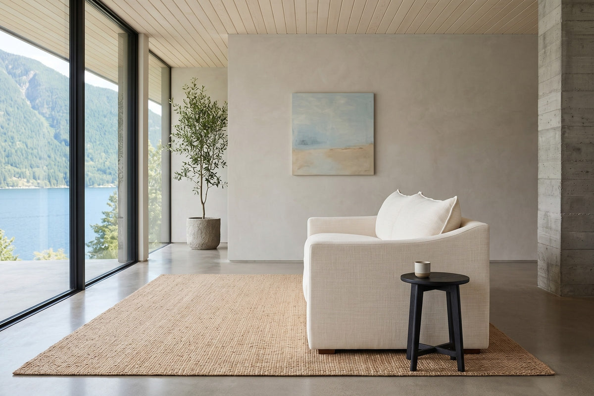 Cupramontana sofa in Beige in side profile in a Kaslo lake house, greige plaster