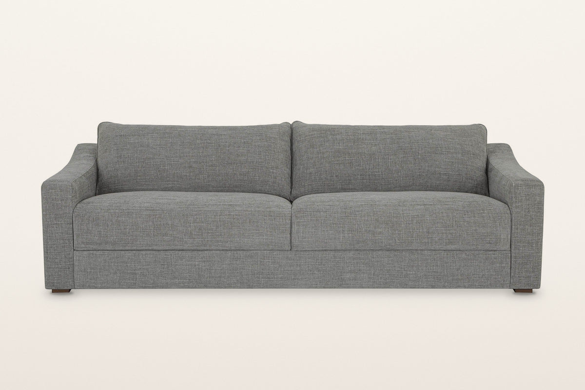 Cupramontana sofa in Grey, straight front view on a warm white studio backdrop: two box seat cushions