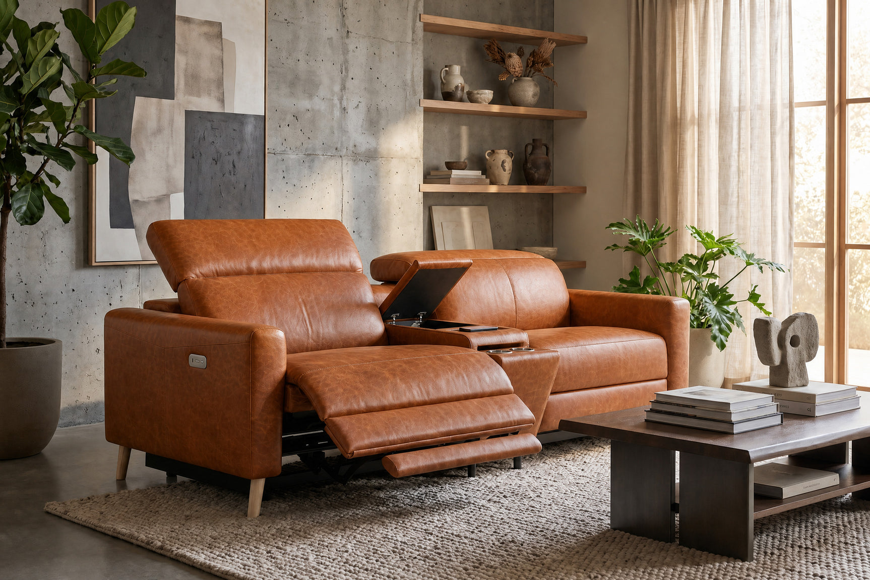 Elodie Distressed Italian Aniline Leather Dual Recliner Sofa with Console