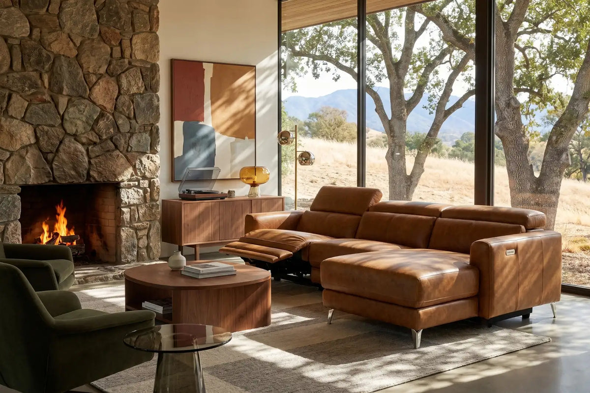 Distressed leather sectional in a welcoming family room