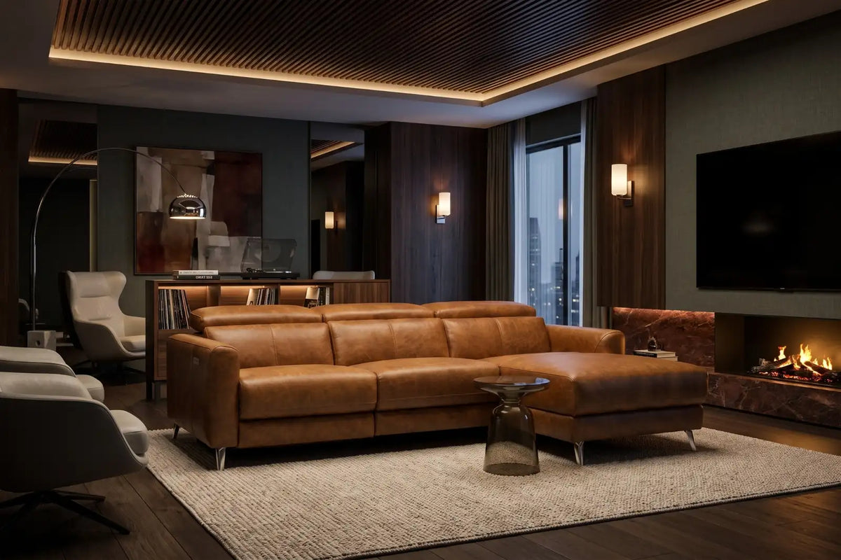 Entertainment room with generous distressed leather seating