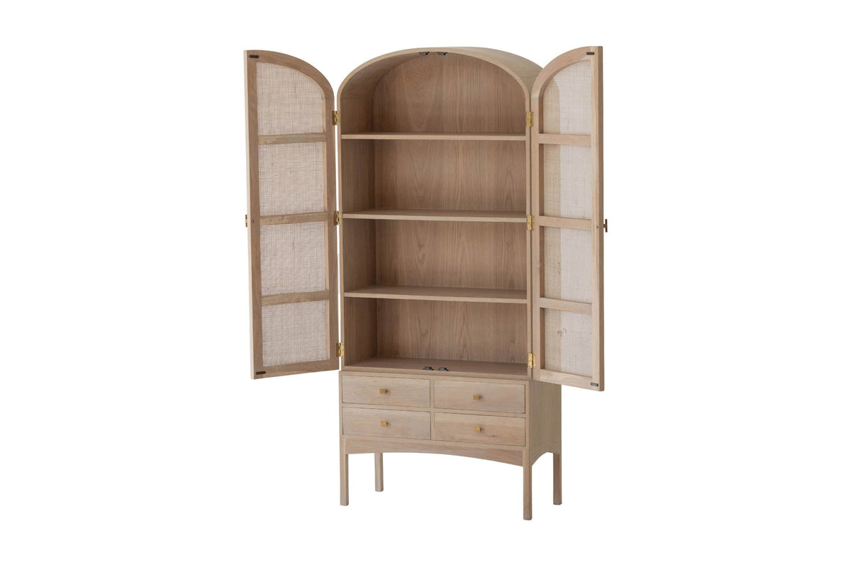 Dalton cabinet with both doors open, showing four shelves and four drawers