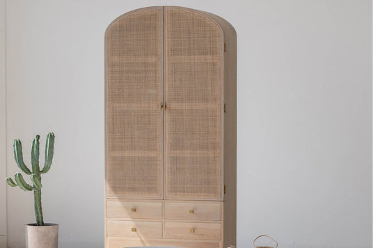 Dalton Oak and Rattan Arched Tall Cabinet - Cane Under an Arch