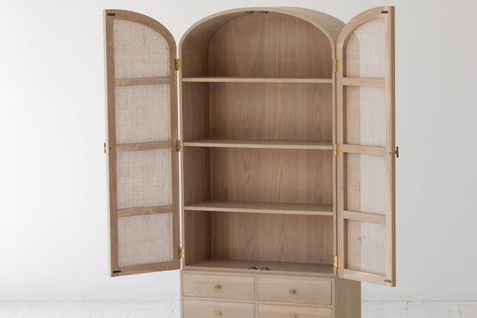 Dalton Oak and Rattan Arched Tall Cabinet - A Place for Everything