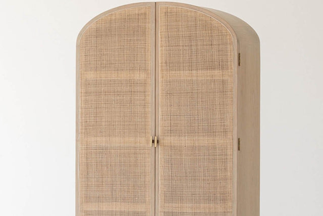 Dalton Oak and Rattan Arched Tall Cabinet - Arched Rattan Doors
