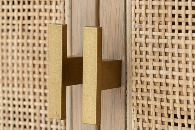 Dalton Oak and Rattan Arched Tall Cabinet - Brass T-Bar Pulls