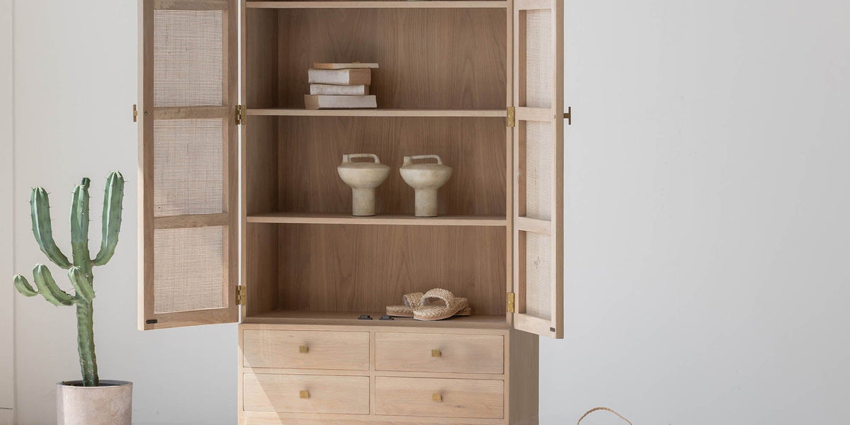 Dalton Oak and Rattan Arched Tall Cabinet