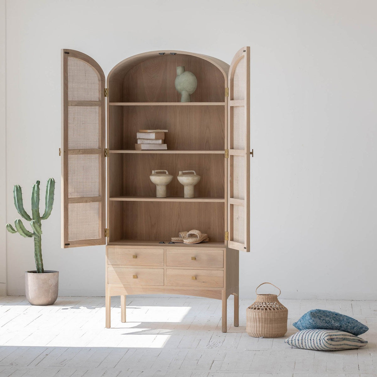 Dalton Oak and Rattan Arched Tall Cabinet