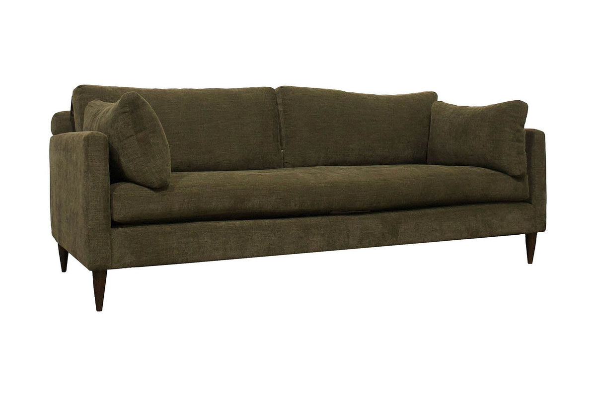 Darby woven fabric mid-century modern sofa in Pine green, three-quarter view