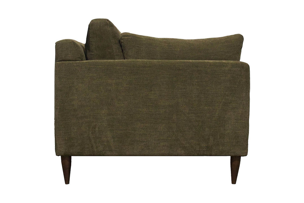 Darby sofa in Pine green, side view showing the slim track arm and tapered legs