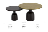 Delaney antique gold and black coffee tables side by side, front view with dimensions