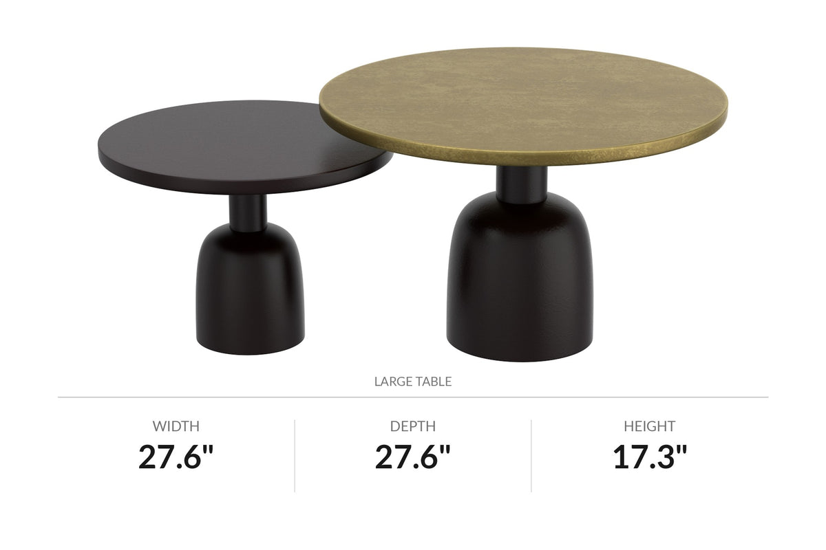 Delaney antique gold and black coffee tables side by side, front view with dimensions