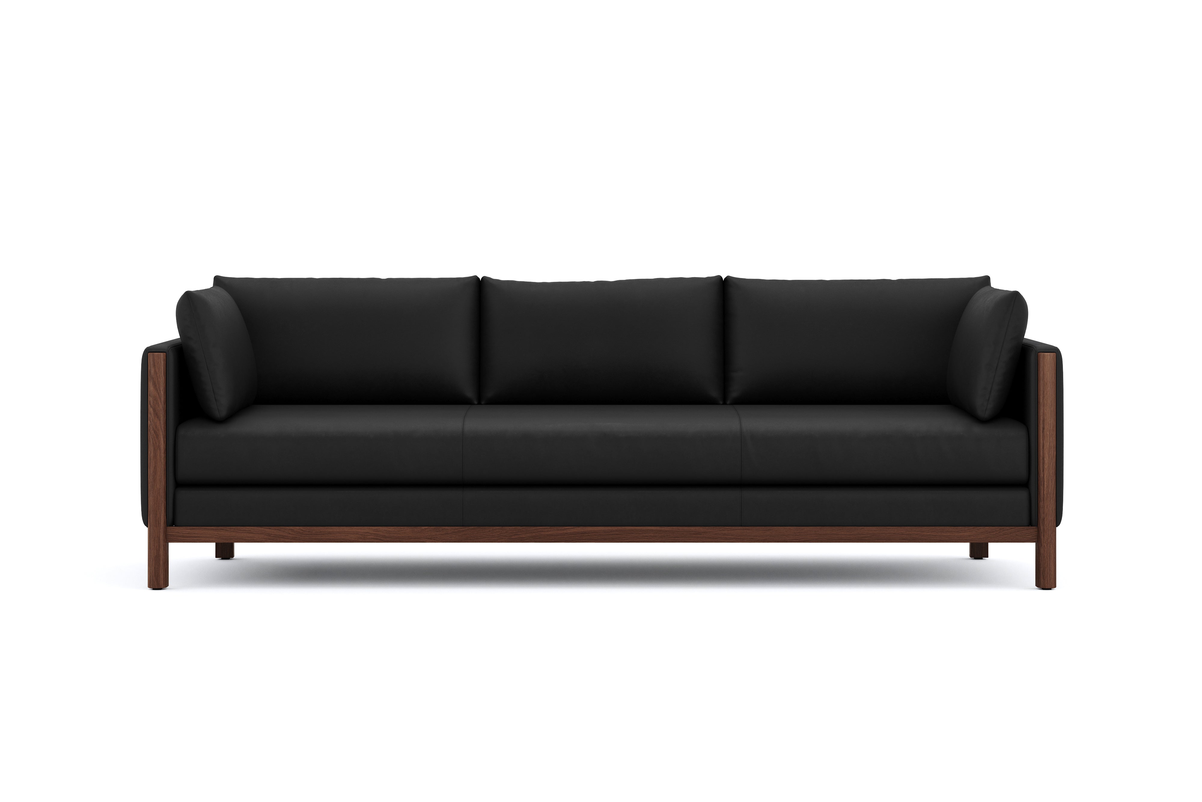 Matera Leather Three Seats Sofa with Wooden Legs, Black