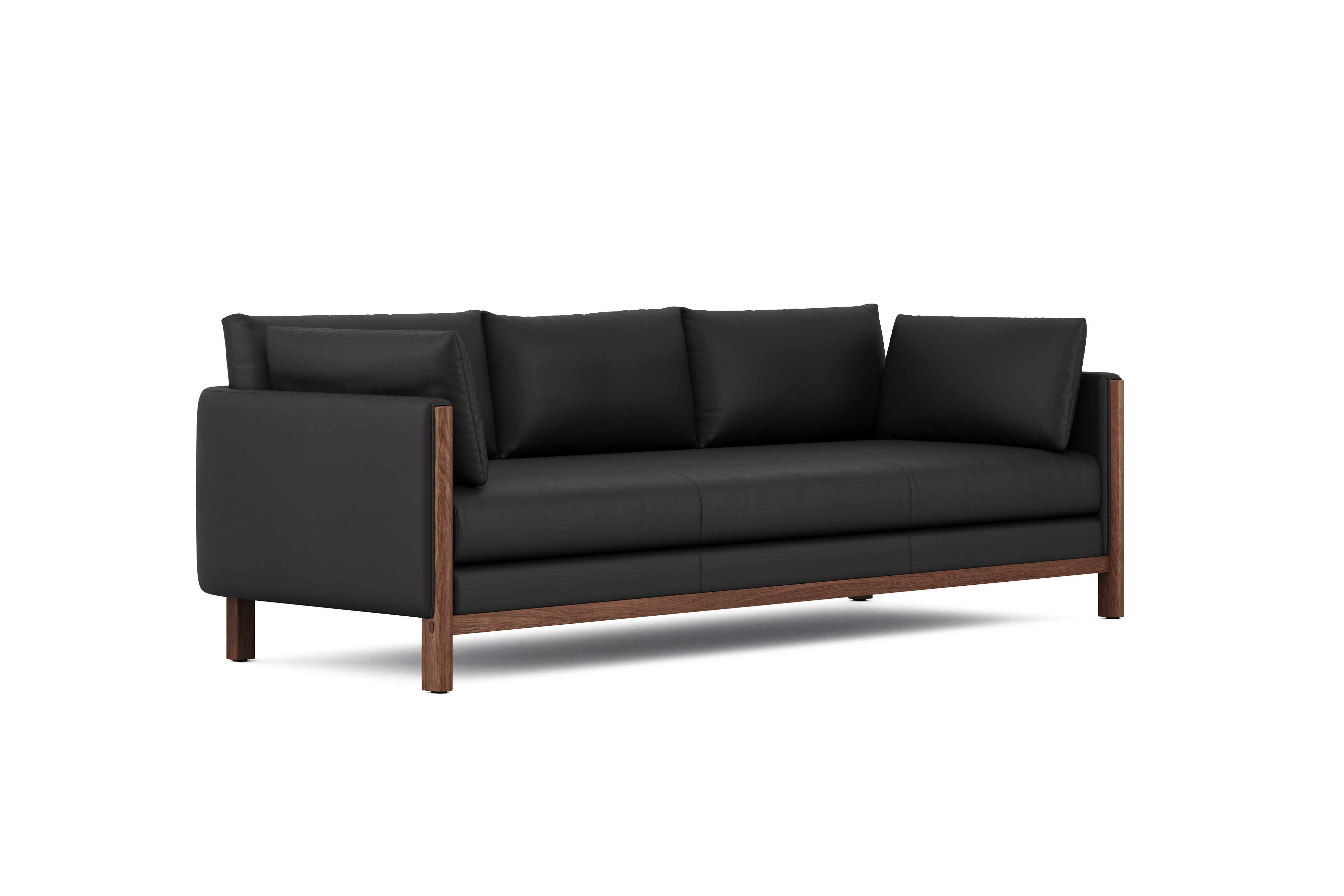 Matera Leather Three Seats Sofa with Wooden Legs, Black