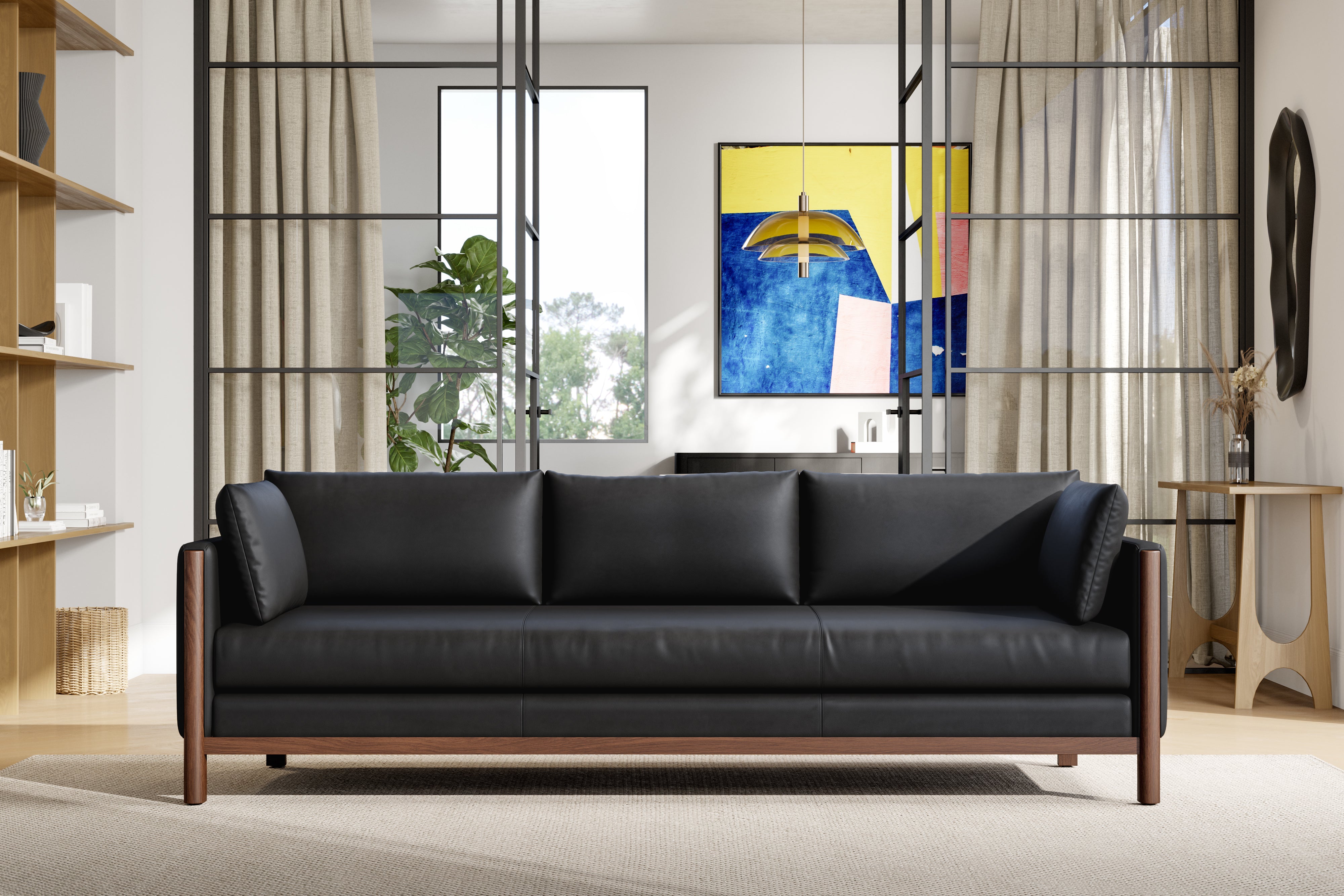 Matera Leather Three Seats Sofa with Wooden Legs, Black