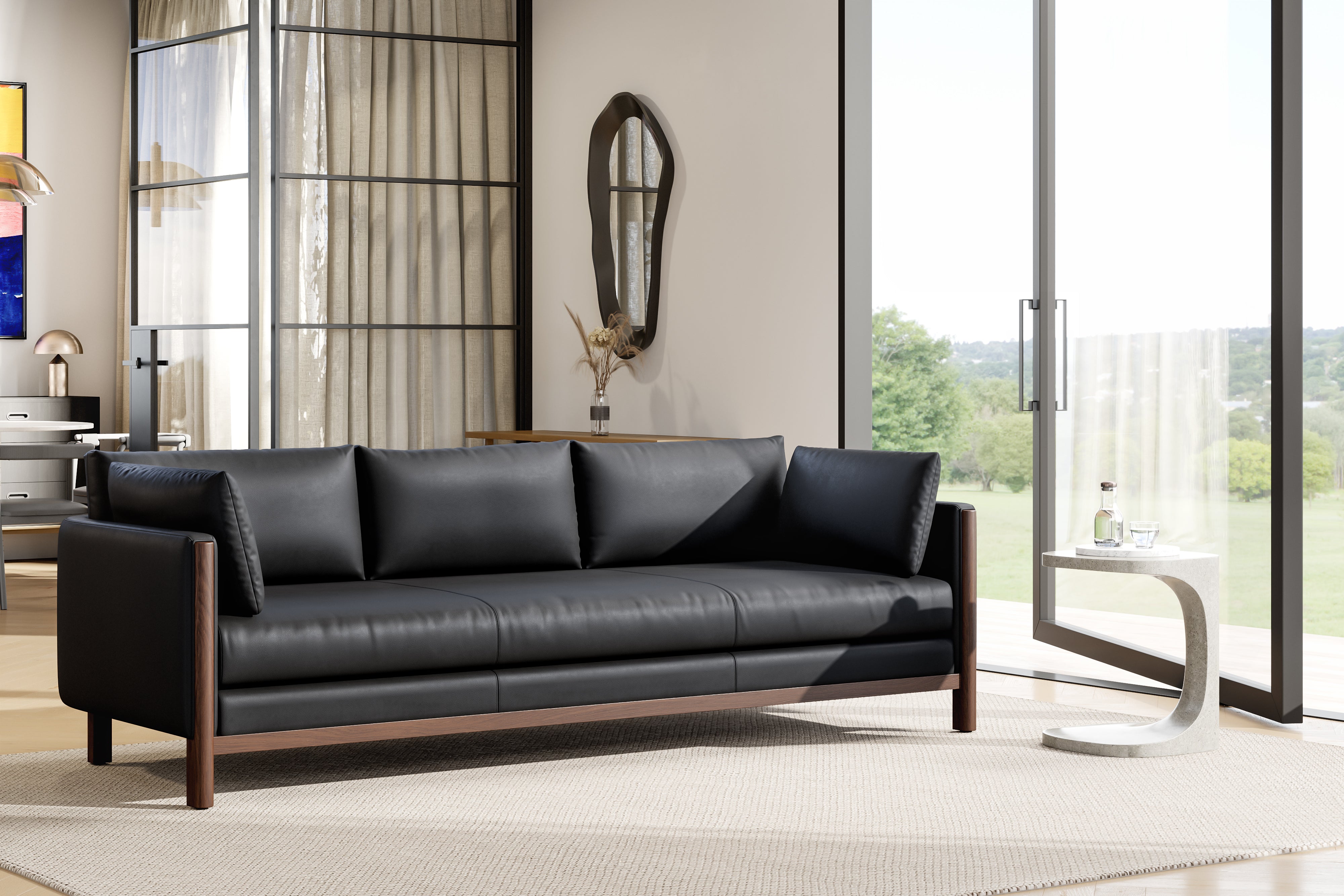 Matera Leather Three Seats Sofa with Wooden Legs, Black