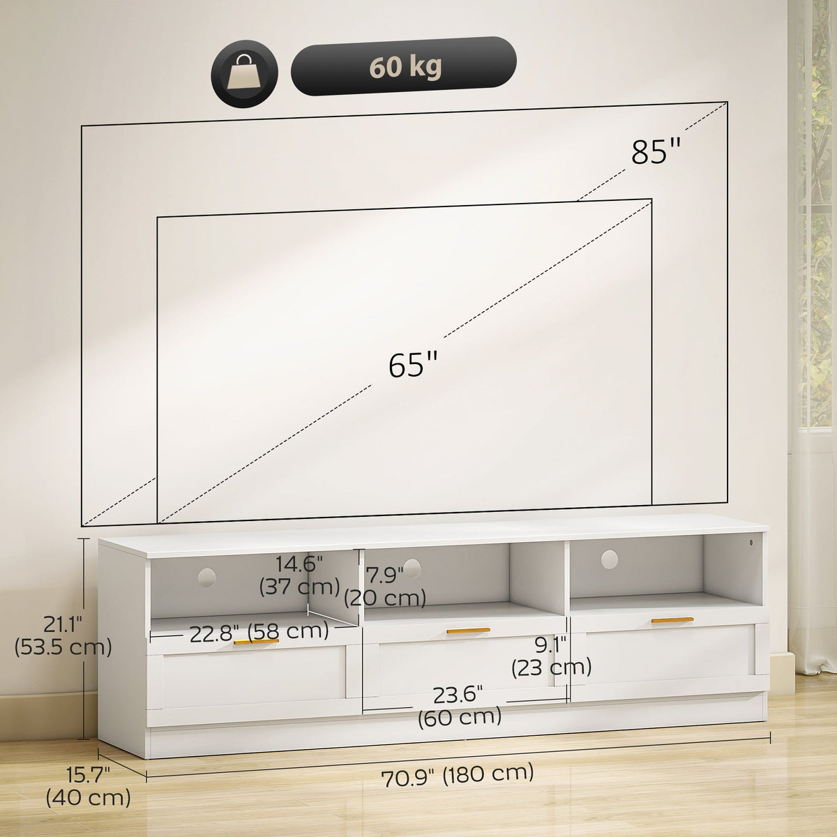Dallas Modern TV Stand with Storage Cabinets for TVs up to 85" - White