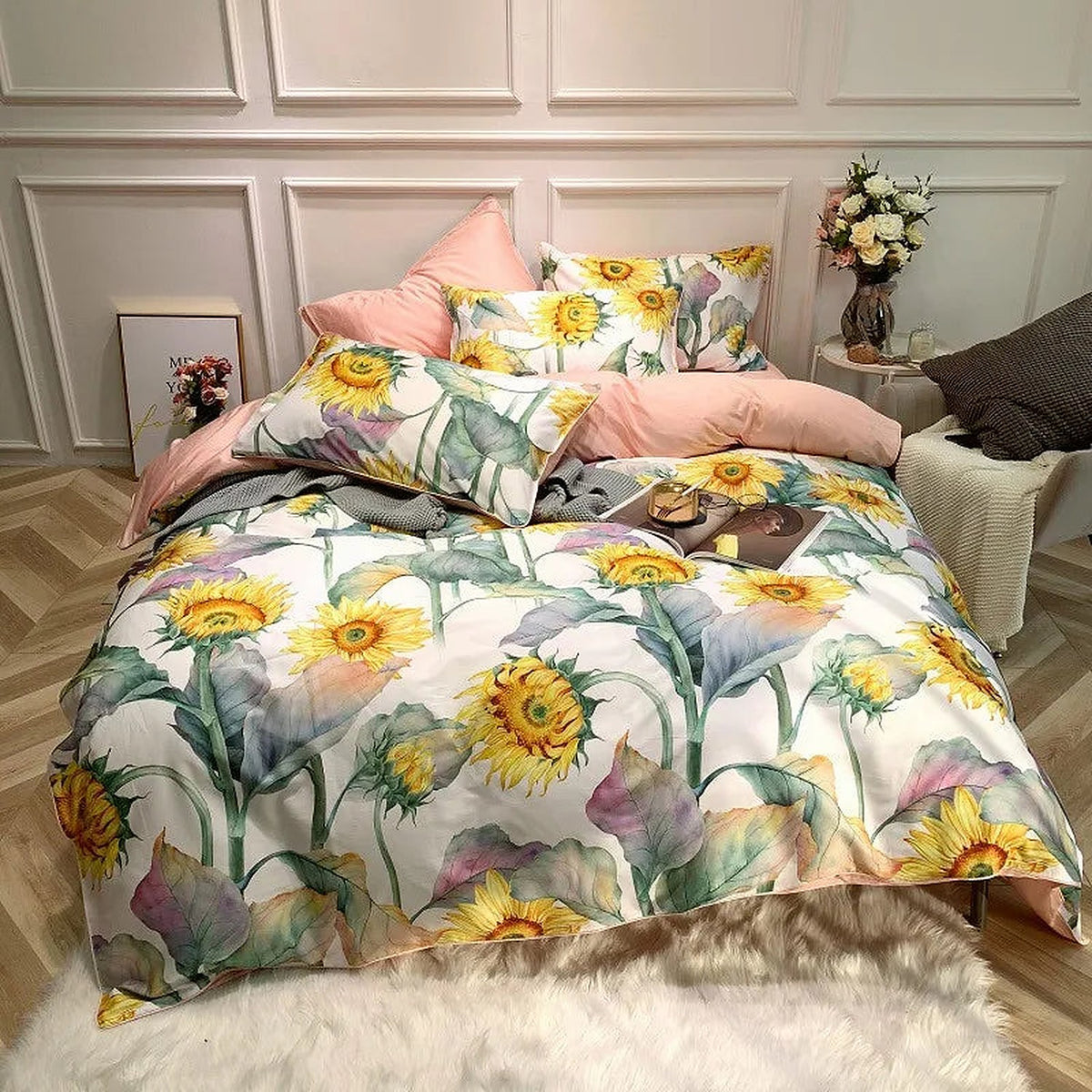 Eden 600 TC Sunflower Cotton Duvet Set - White/Yellow