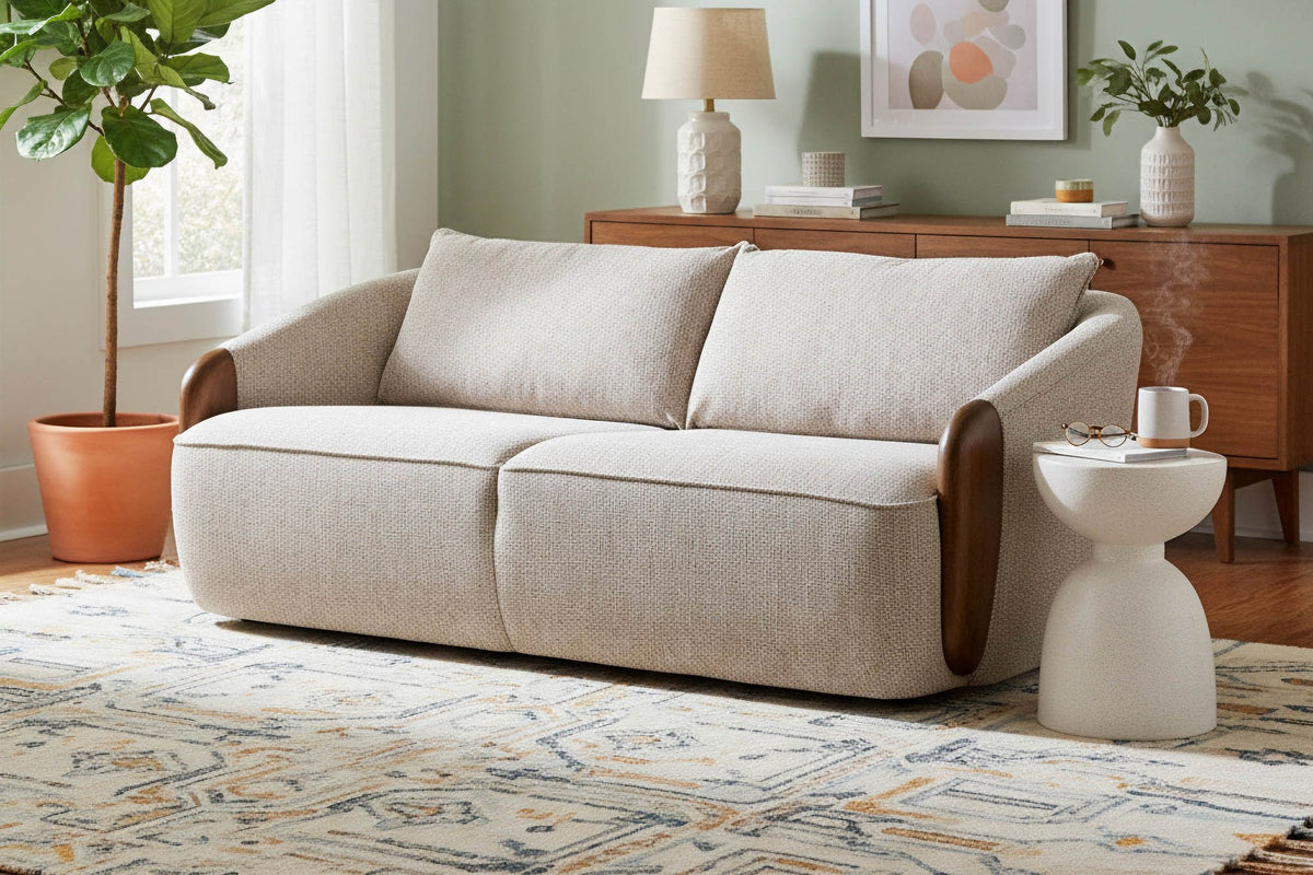 Ellery Wheat fabric sofa in a sage green living room on a patterned rug