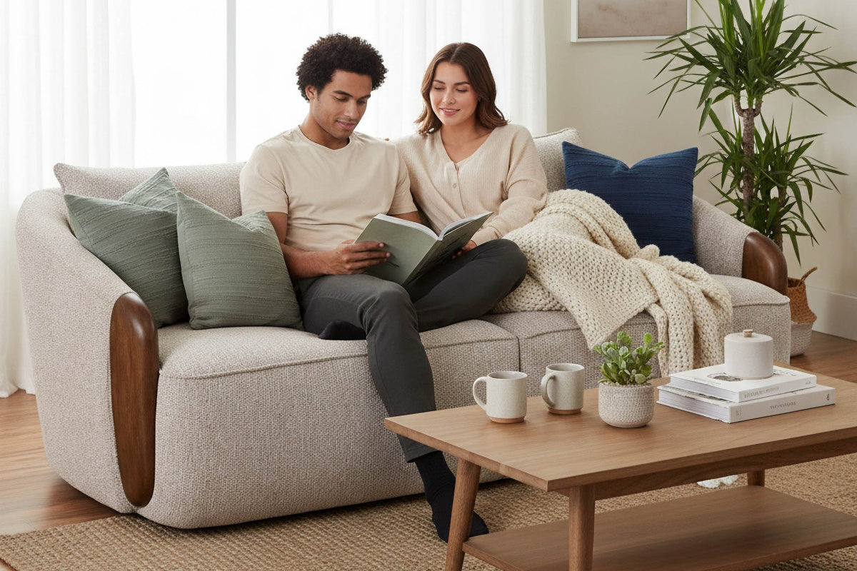 Two people reading on the Ellery Wheat fabric sofa beside a wood coffee table