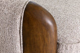 Close-up of the Ellery rubberwood arm panel against the flecked Wheat fabric